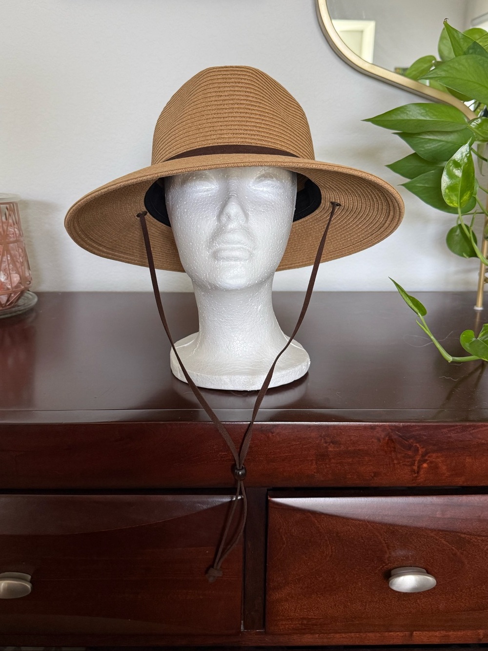 Wide Brim Tan Sun Hat with Chin Strap - Women - Picture 4 of 10